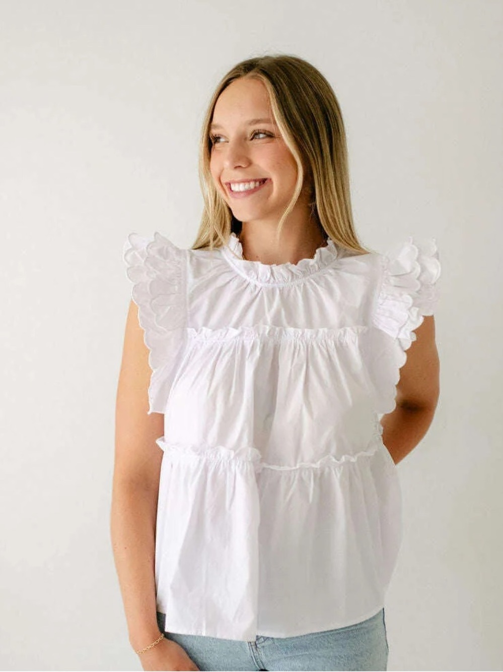 Embroidered blouse Scalloped short ruffle sleeve tiered mockneck frill